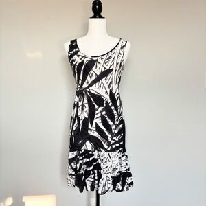 Jams World Size XS Dress Tropical Print Black White Sleeveless Midi Tiered